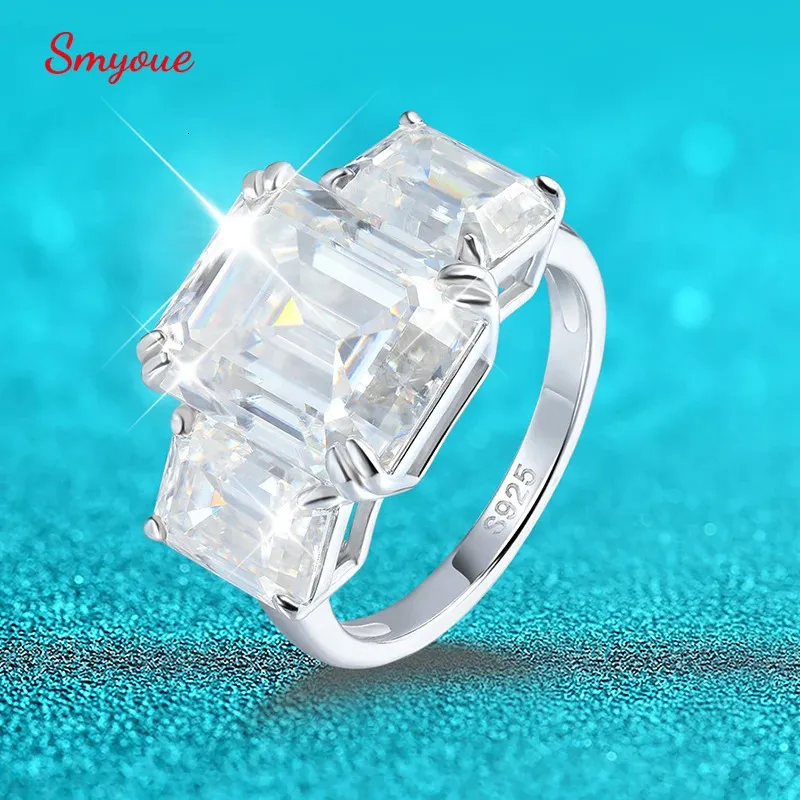 Smyoue 12cttw bague de fiançailles complète taille émeraude pour femme 3 pierres en argent sterling 925 alliance avec certificat 231124