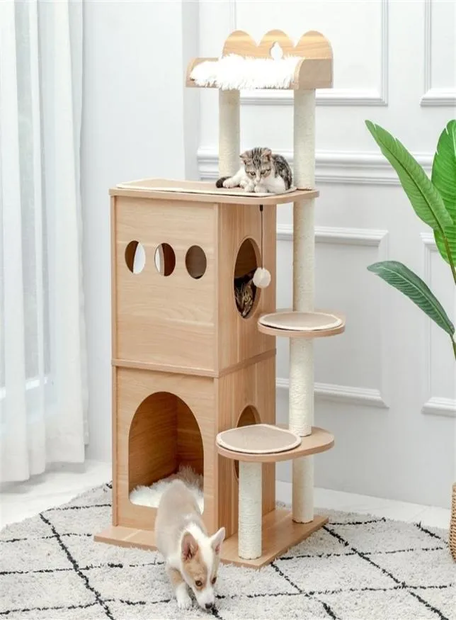 Cat Tree House Cats Aktivitetscenter med dubbellägenhet inomhus mjuk abborre helt lindad skrapning Sisal Post Rascador Gato 220624297221245