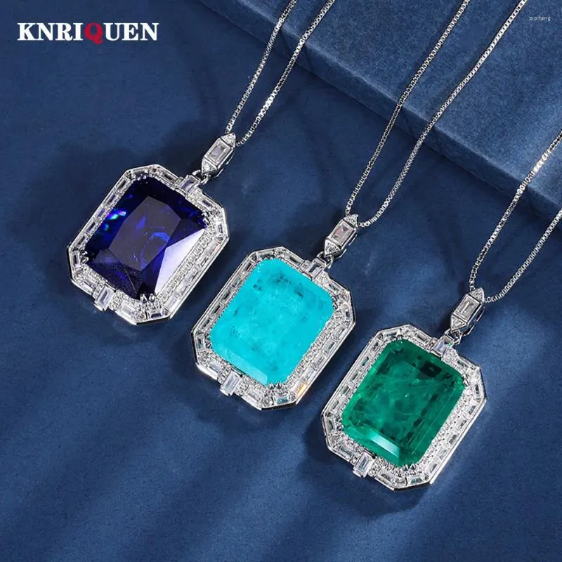 Hängen Vintage 16 20mm Emerald Sapphire Paraiba Tourmaline Pendant Necklace For Women Gemstone Lab Diamond Cocktail Party Fine Jewelry