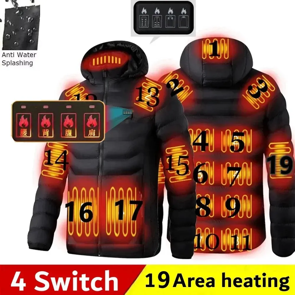 Мужские жилеты Мужская 19-зонная куртка с подогревом USB Зимние уличные куртки с электрическим подогревом Теплые пятна Термальное пальто Одежда Хлопковая куртка с подогревом 231127