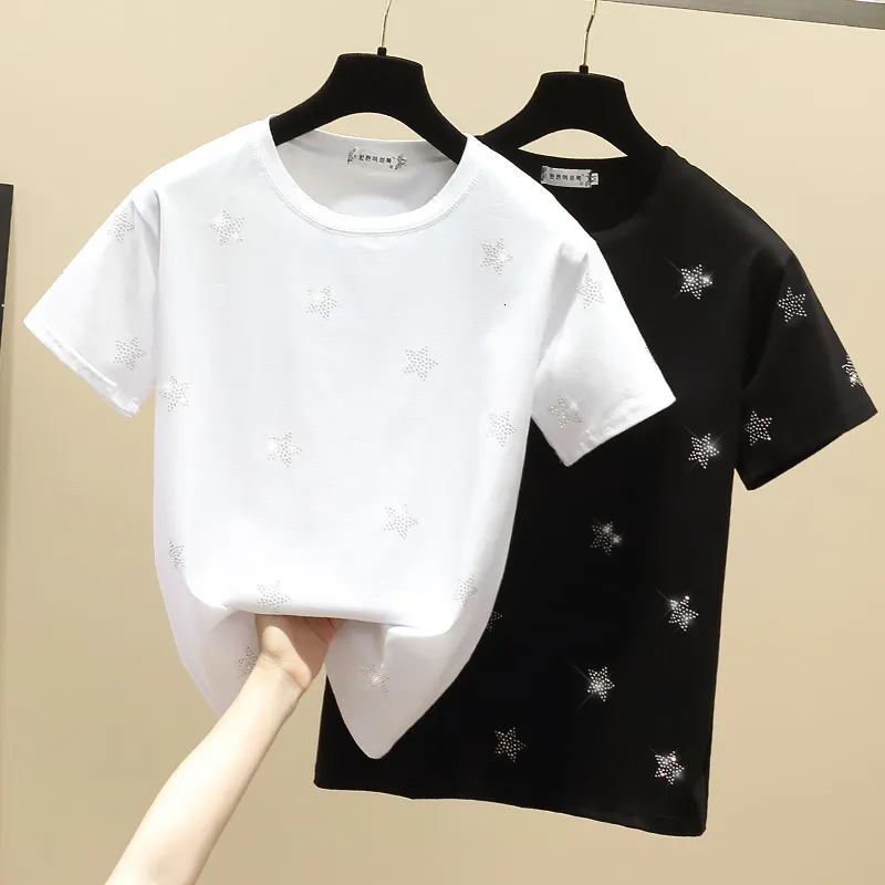 T-Shirt Femme Gkfnmt T-shirt Blanc Femme Vêtements Star Diamond Coton T-Shirt Décontracté Coréen Été Tops Noir Manches Courtes Y2K Tee Shirt 230427