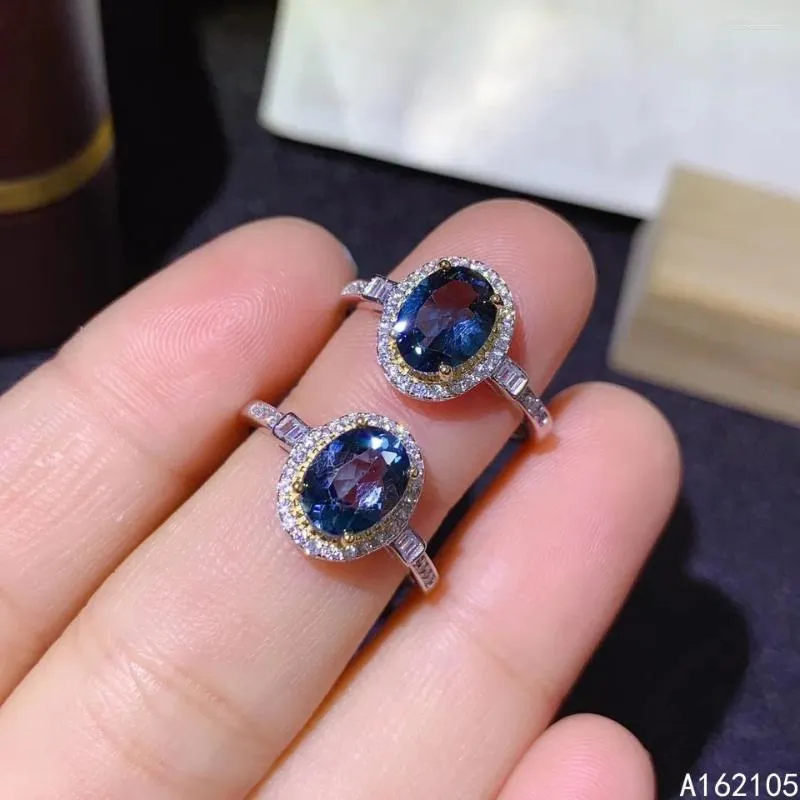 Anelli a grappolo in argento puro 925 stile cinese naturale con topazio blu di Londra da donna classico di lusso semplice ovale regolabile anello con gemma gioielleria raffinata