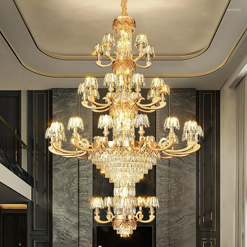 シャンデリア光沢のあるクリスタルシャンデリアヨーロッパスタイルのレストランデュプレックス階段ロングペンダントランプ高級ヴィラリビングルーム装飾ライト