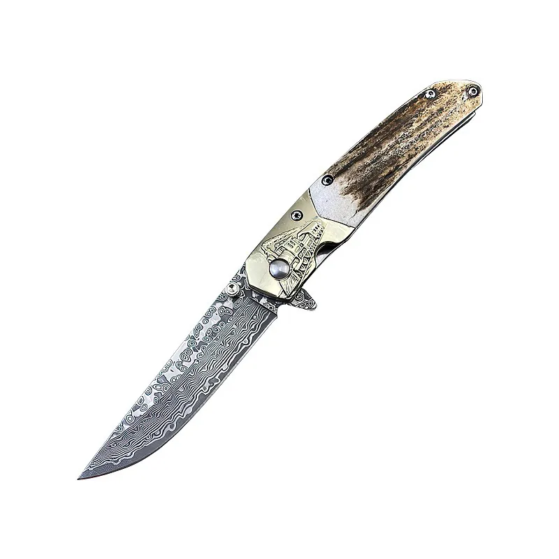 A1963 Flipper Folding Knife VG10 Damascus Steel Drop Point Blade Deer Horn med mässing Huvudhandtag utomhus camping Vandring Fiske EDC Pocket Knives