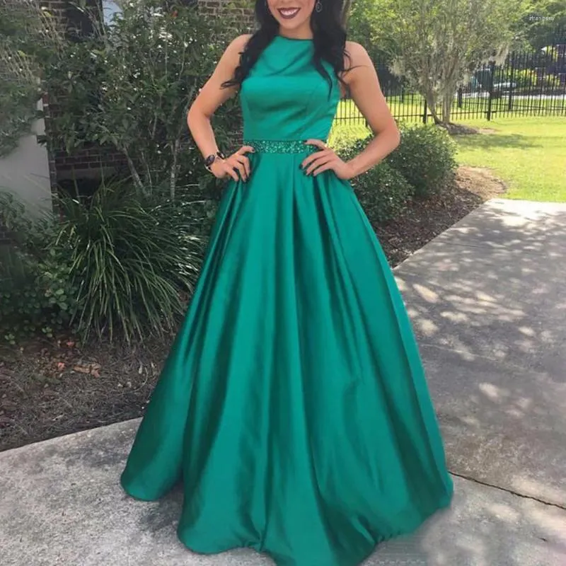 Party Dresses Satin Evening For Wedding O Neck Beading Long Formal Prom Elegant A-Line Plus Size Dress Pocket