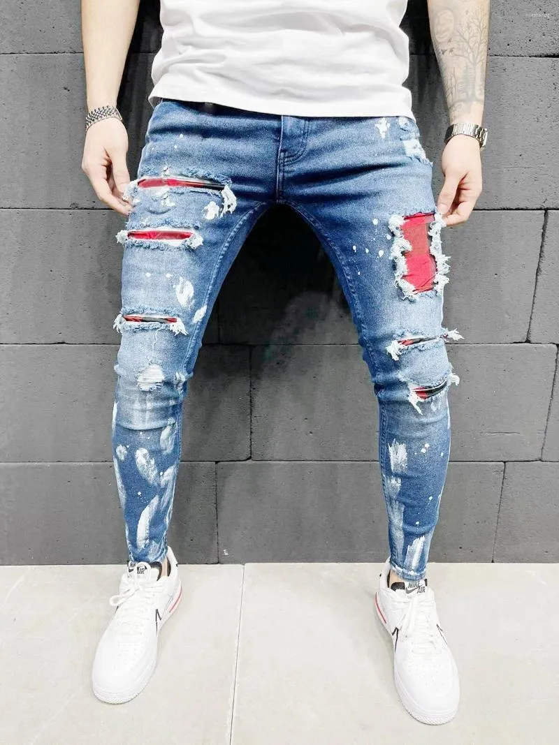 Jeans pour hommes mode hommes Slim Stretch Skinny Patchwork couleur bleu Jean déchiré hommes Streetwear Y2K Denim Punk pantalon pantalons Hombre