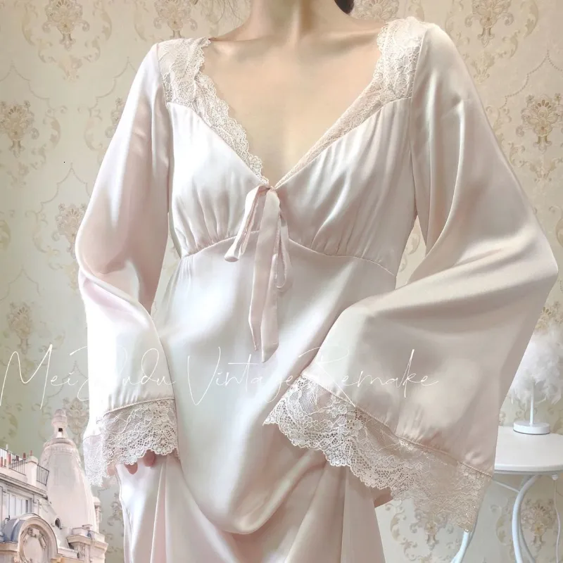 Sexy Pyjamas QWEEK Satin Chemise De Nuit Élégant Fée Robes Femmes Automne Vêtements De Nuit En Dentelle De Nuit À Manches Longues Vintage Nuisette Sexy Robe Vestidos 230427