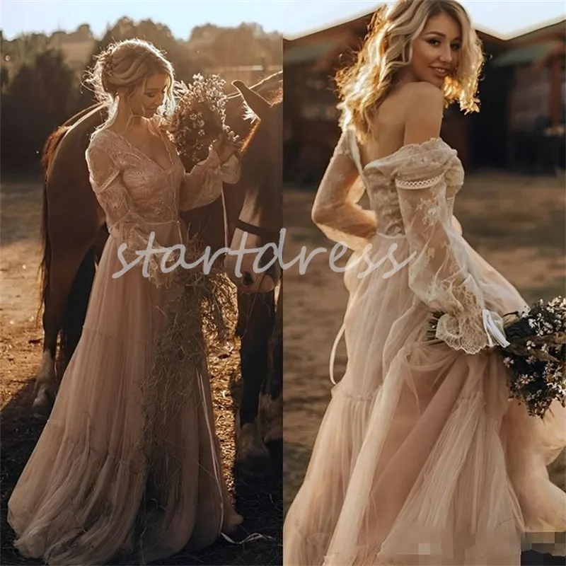 Elegant Champagne Wedding Dress Sexy V Neck Long Sleeve Lace Boho Farm Bridal Dress 2024 Fairy Tulle Backless Fall Bohemian Beach Bride Gothic Civil Country Mariage