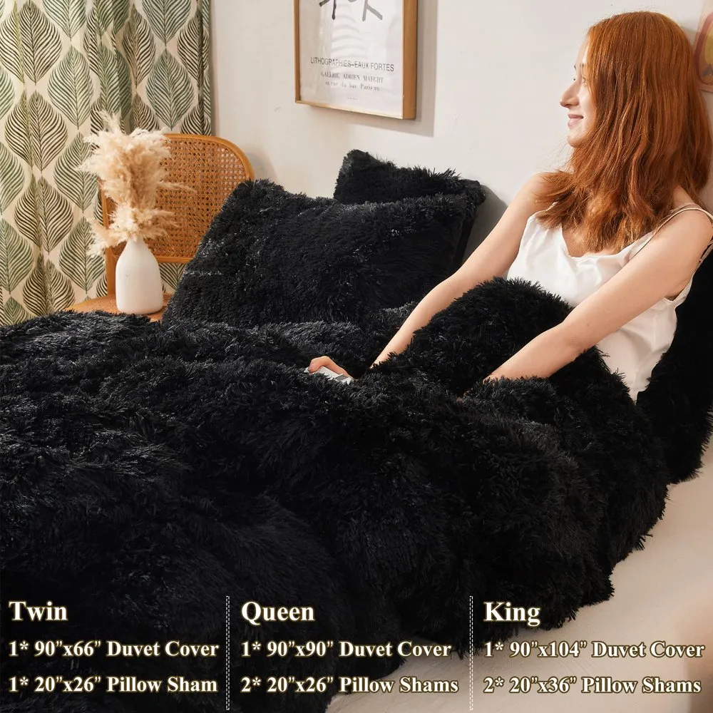 3 Pieces Furry Plush Duvet Cover Set, Black Faux Fur Comforter Cover Set, Luxury Soft Velvet Fuzzy Fluffy Bedding Set, Shaggy Duvet Cover wi