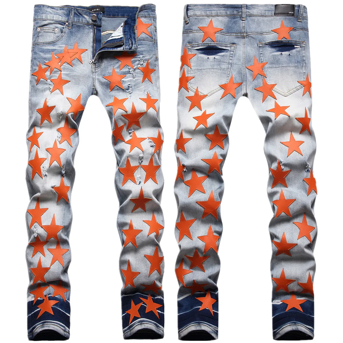 Mäns jeans europeiska jean hombre brevstjärna am små spot män broderi lapptäcke rippade trend märke motorcykel byxa mens mager am1175# storlek 28-42