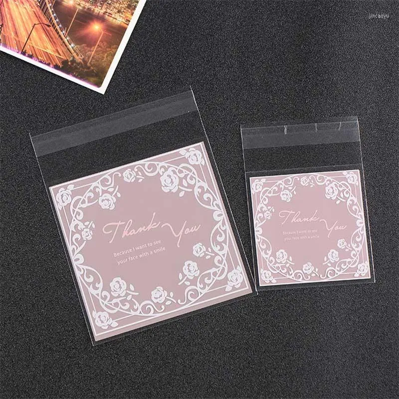 Gift Wrap 100Pcs Cookie Candy Packaging Package Pink Rose Flower Self-adhesive Plastic Baking Bag Food Grade Wedding Party Supplies