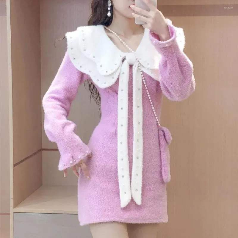 Casual Dresses Autumn Spring 2023 Pearl Rhinestone Women Dress Fashion Mink Velvet Sweet Ladies Double-deck Collar Pink