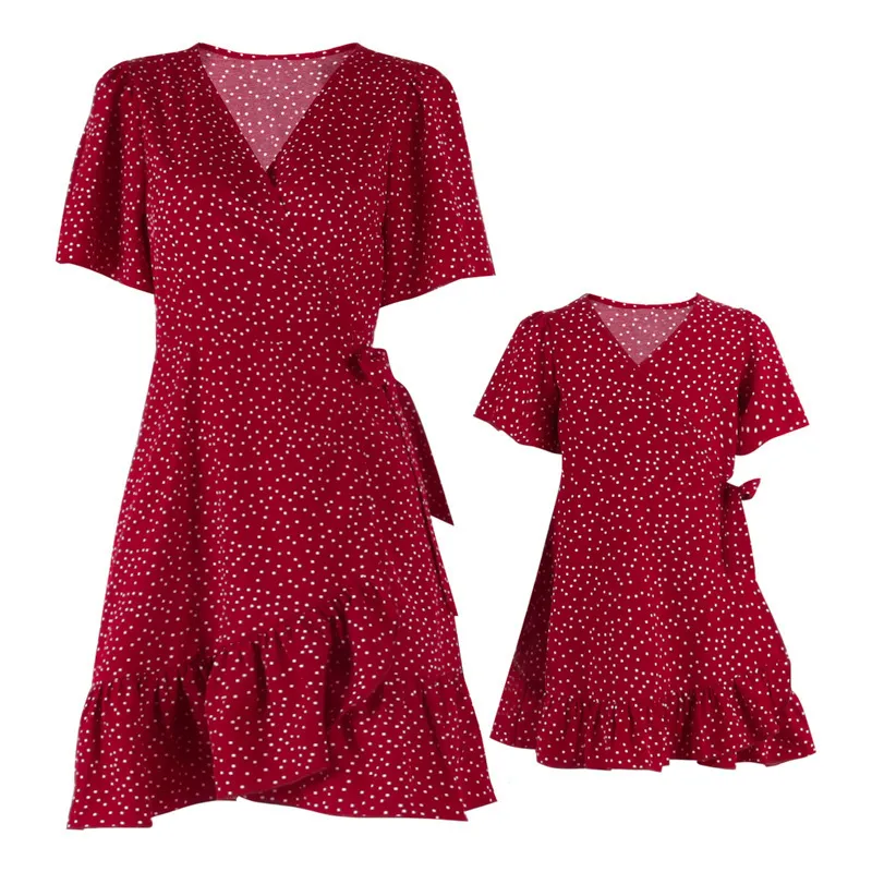 Red Dot Short Sleeve Dress For Family Twinning Dress Mommy And Me