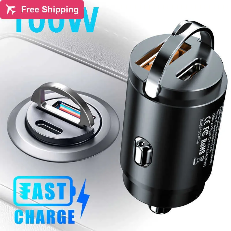 Auto-USB-Ladegerät 100 W Super Charge USB-A USB-C Zigarettenanzünder-Adapter Verstecktes Handy-Ladegerät für IPhone Huawei Samsung