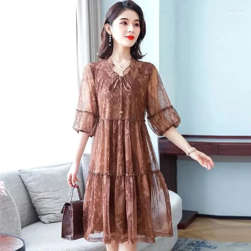 Casual Dresses Dressed Women's 2023 Summer Sleeve Loose Mesh A-line kjol Ljus mogen stil västerländsk