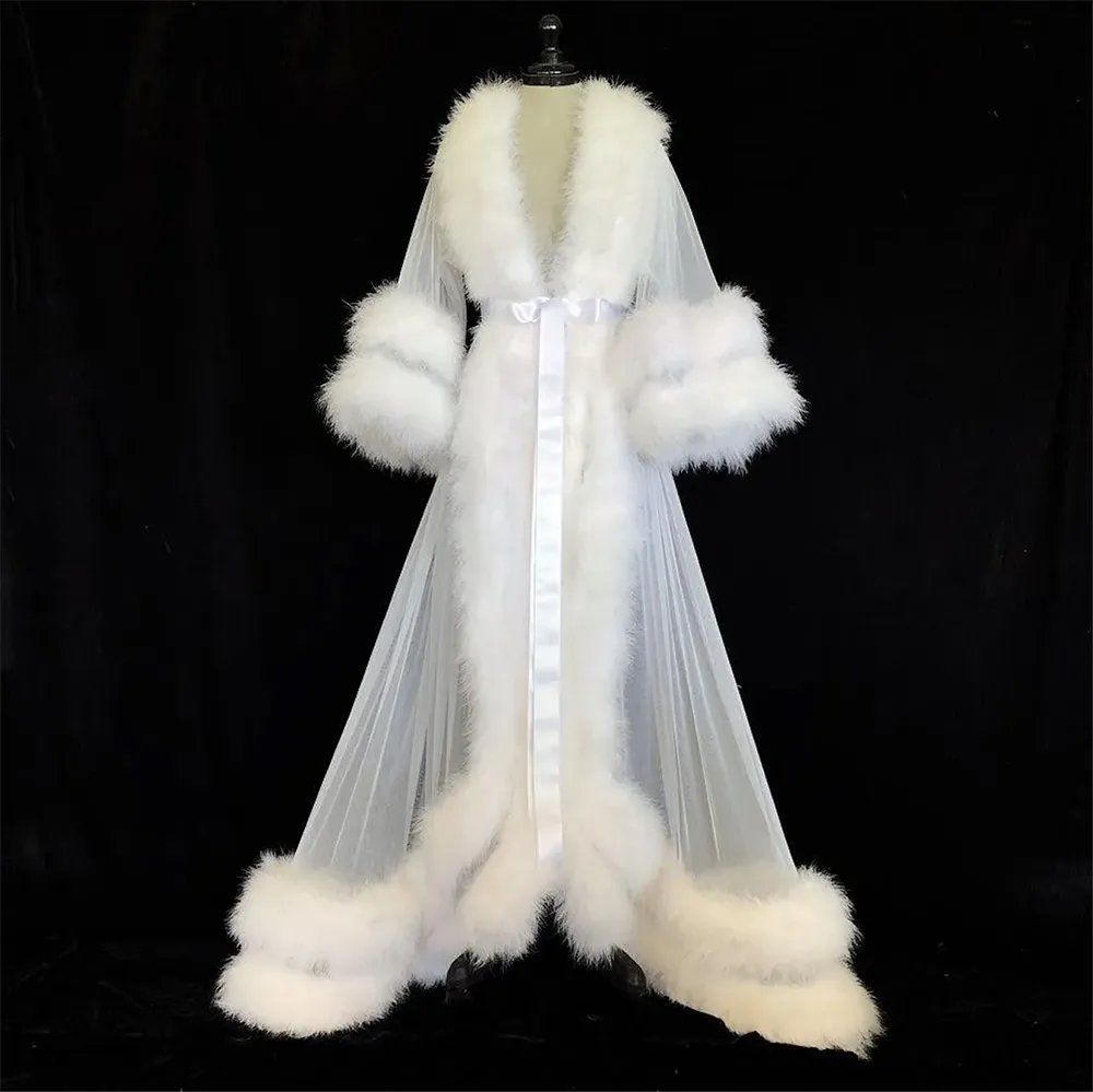 Bianco Doppio Deluxe Donna Vestaglia Involucri di pelliccia Accappatoio Indumenti da notte Vestaglia da sposa Marabù Vestaglia Regali per feste Stole per damigella d'onore