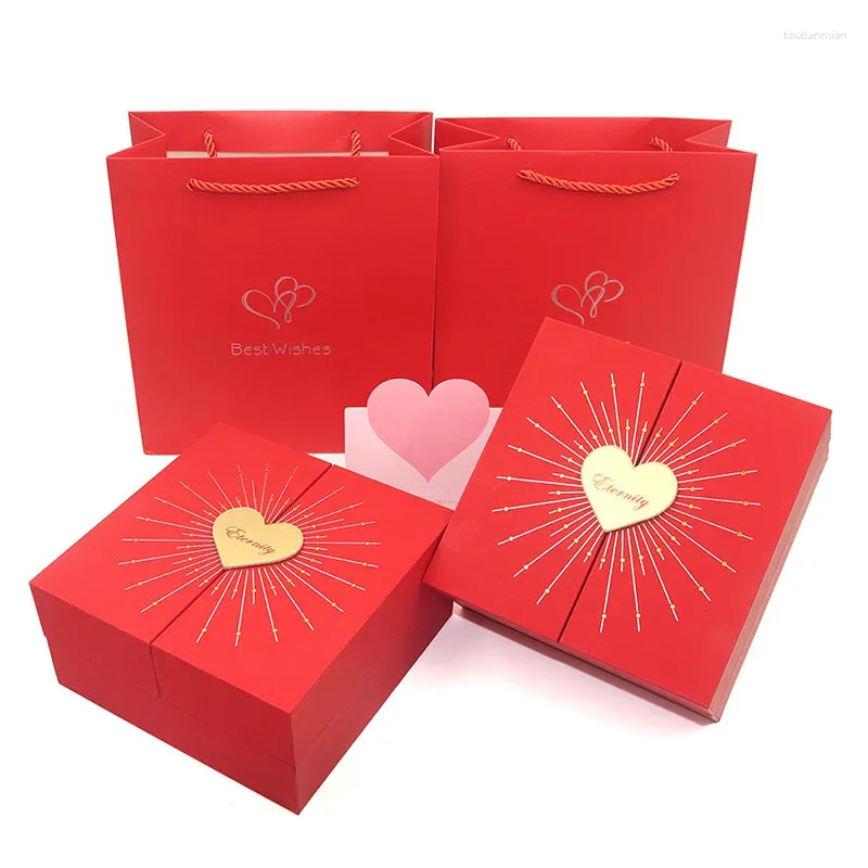 Presentförpackning 2023 Love Heart Box Bag Creative Double-Door smycken Boxar för födelsedag Mors dag flickvän Valentins gåvor