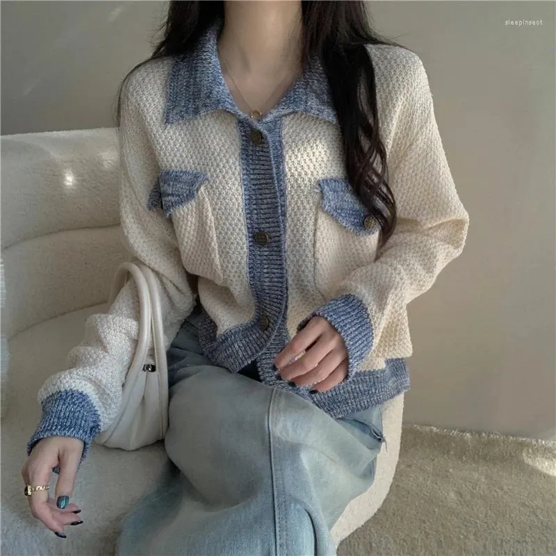 Women's Knits Korean Chic Contrast Polo Sweater With Reduced Age Small Fragrance Style Cardigan Autumn/Winter Design Feel Knitted Top