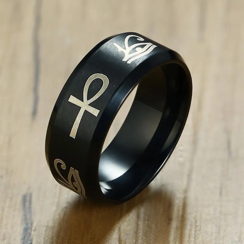 Cluster Rings Egyptian Men Ankh Ring Stainless Steel Black Color Eye Of Horus Fashion Wedding Band Key Life Anillos Anniversary Party GiftsC