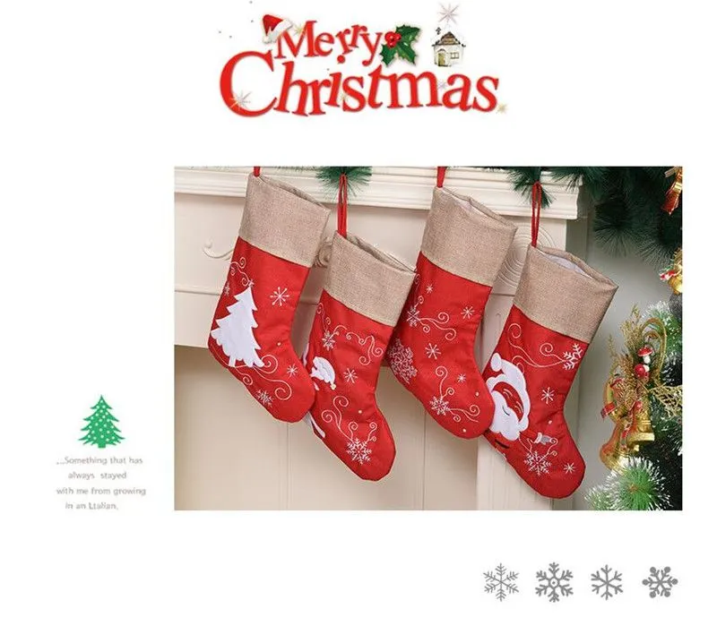 Cartoon Santa Claus Sock Linen Christmas Stocking Xmas Tree Ornaments Kid Candy Bag Festival Party Gift Decoration for Family