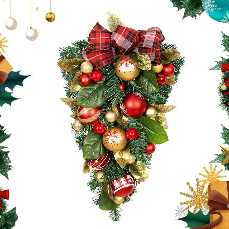 Dekorative Blumen Weihnachtskugeln Teardrop Wreath Swag mit rotgoldenem Schleifenknoten Dekor Wintertür