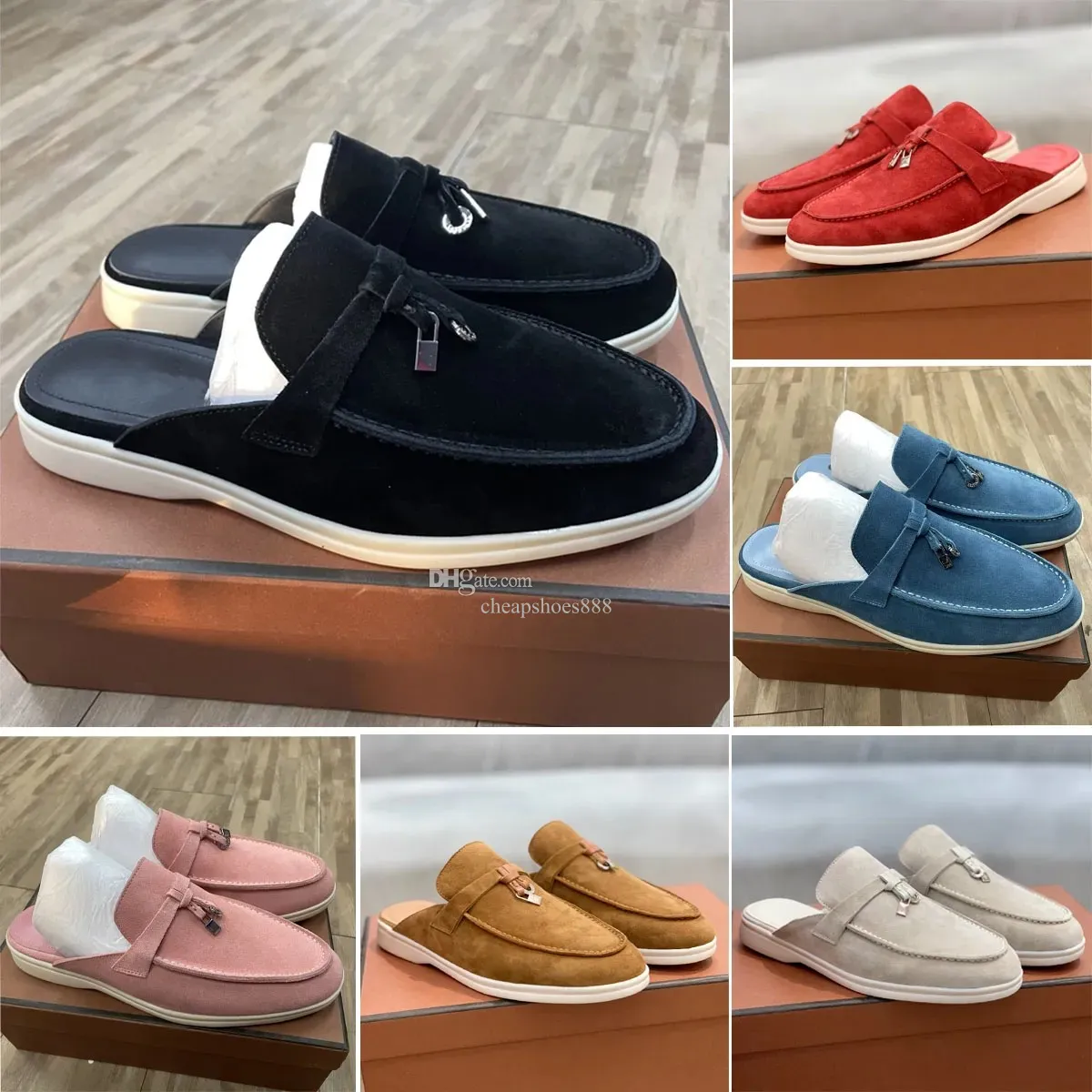 Scarpe Loros di lusso Muli di design di lusso Ciondoli Babouche di alta qualità Pantofole da passeggio Sepatu Wanita Desainer Mocassini beige Walk Pelle scamosciata di albicocca Slip casual