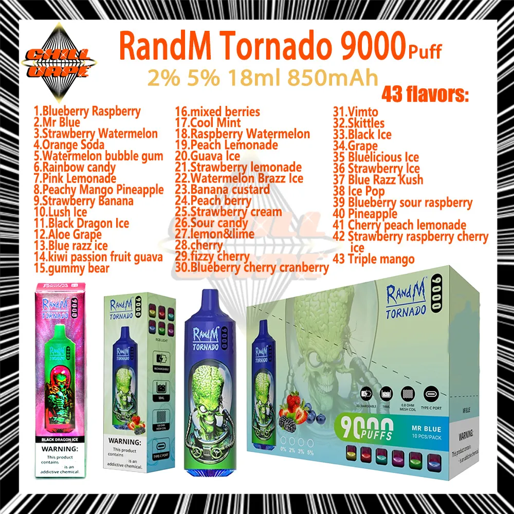 Original Randm Tornado 9000 Puff Disposable Vape Pen 0.8Ohm Mesh Coil 20 ml POD Batterisladdningsbara elektroniska cigs Puffs 9K 2% 5% E Cigaretter