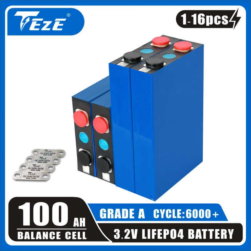 TEZE 1-16PCS 3.2V 100AH ​​LIFEPO4 Batterifattig A 105AH Uppladdningsbara celler DIY 12V 24V 48V för EV RV Golf Cart Batterier Skattefria