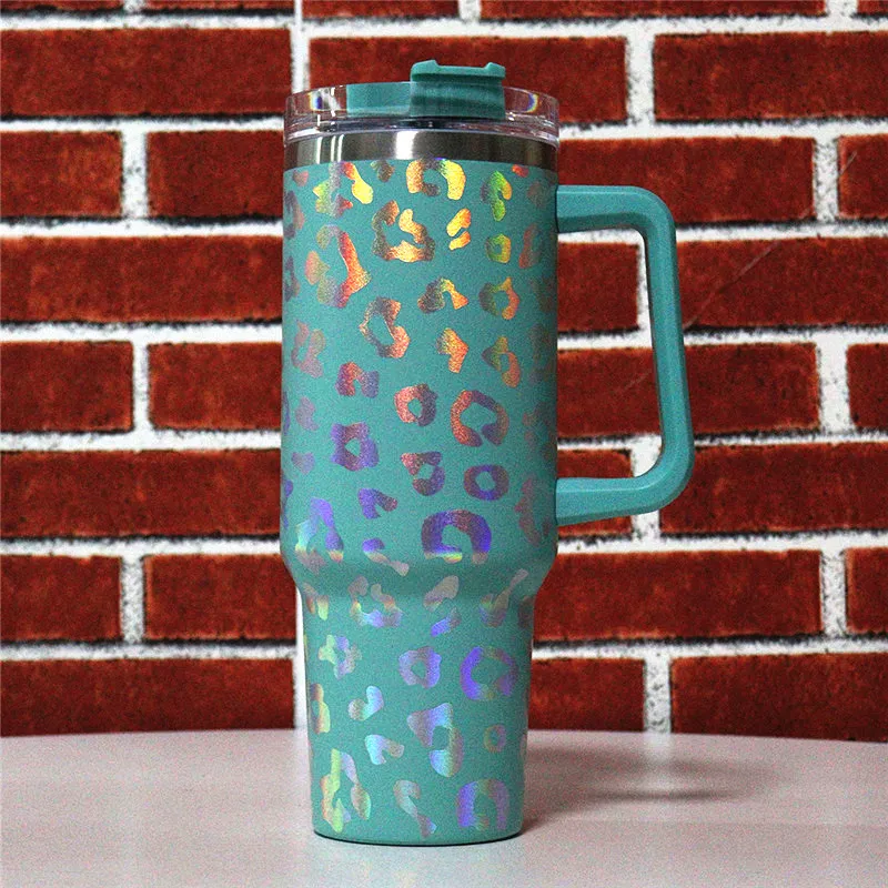 UV Leopard 40oz Handle Tumblers 1200ml Stainless Steel Water Bottles Colorful Drinking Cups Double Wall Insulated Tumbler A12