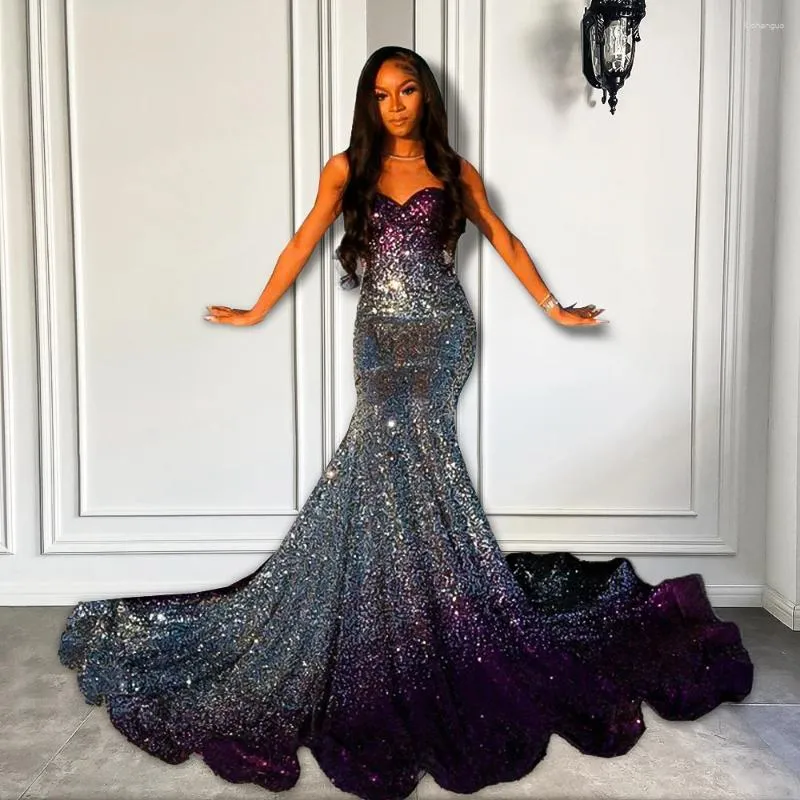 Party Dresses Long Sparkly Prom 2023 Gorgeous Sweetheart Sexy Mermaid Silver and Purple Paljett Black Girls klänningar