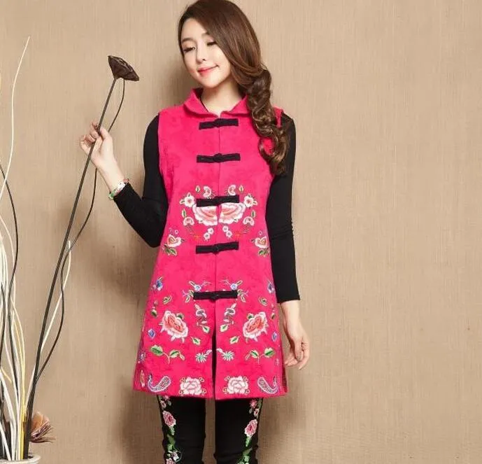 Women's Vests XL-4XL /Spring Female Fashion Cotton And Linen Long Embroidered Collar Button Ma3 Jia3 Chinese Style Jacket