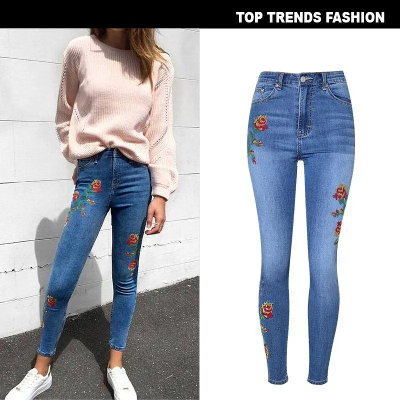 Jeans Frauen Rose Sticken Casual Stretch Skinny Jeans Knöchel Länge Hosen Dame Frühling Herbst Elastische Feste Dünne Denim Bleistift Hosen