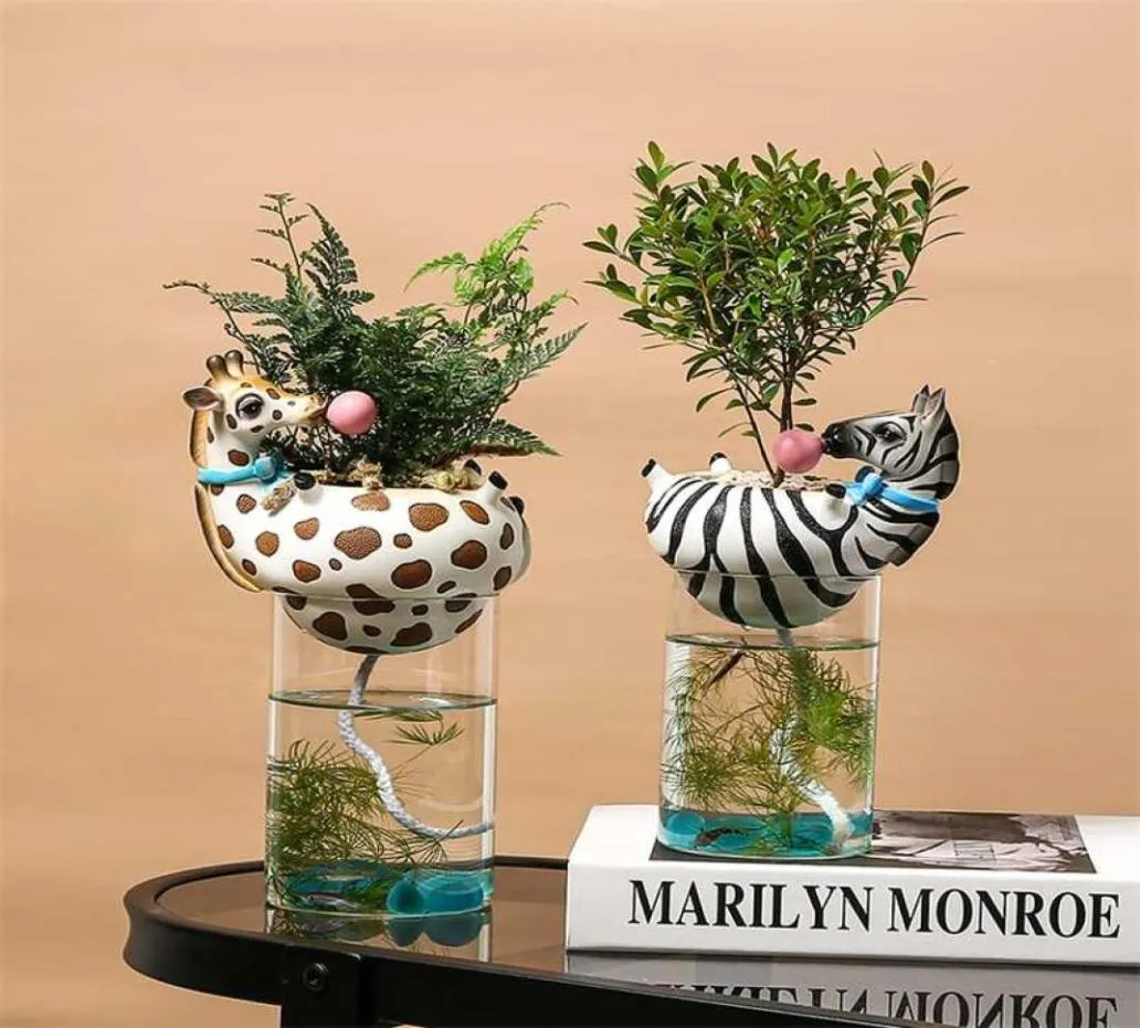 Resin Animal Head Vase with Fish Tank Bubble Natural Cactus Succulent Plants Flower Pots Decoration Zebra Giraffe Creative Craft 24586502