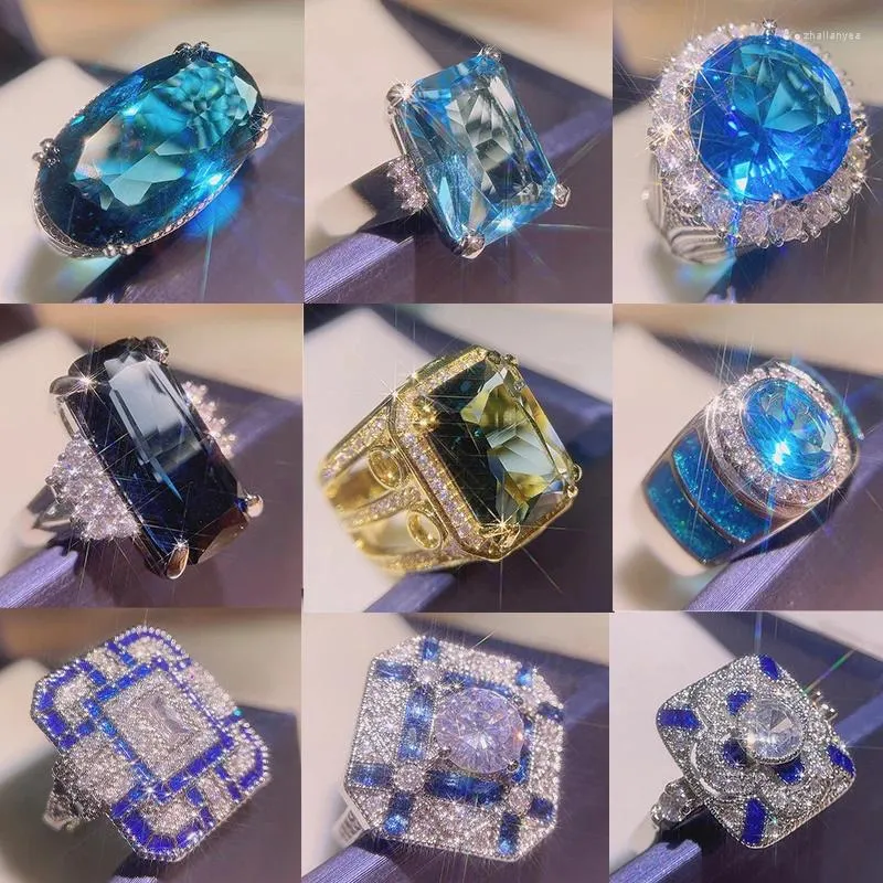 Кольца кластера, роскошные 9 стилей, женские, с большим синим камнем, свадебные для женщин, 2023 год, модные обручальные украшения, подарки, падение