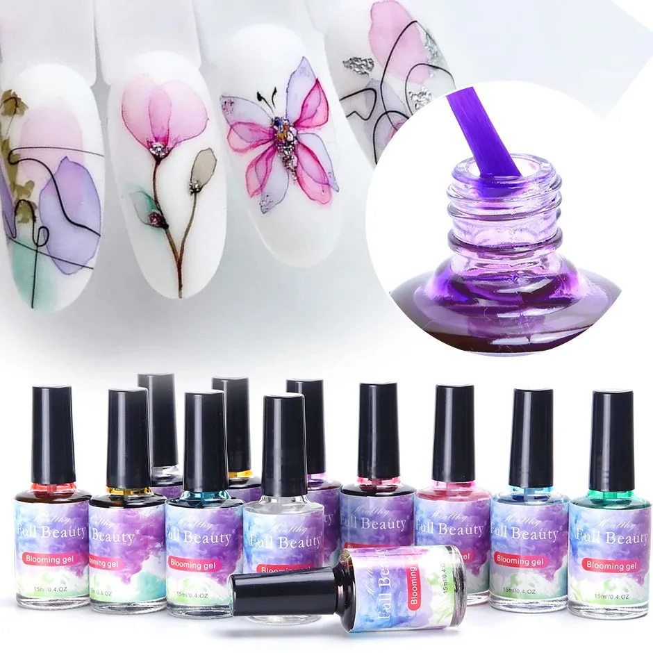 Vernis à ongles gel 12 pièces floraison marbre aquarelle ongles Gel vernis encre fleurs de printemps conception effet de tache tremper manucure vernis hybride JI895 231127