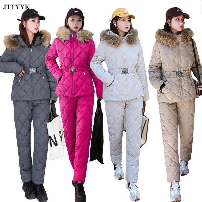 Anzüge Winter Kleidung Weibliche Zwei Stück Set Frauen Top Und Hosen Outfits Mit Kapuze Parka Outdoor Ski Anzug Warme Daunen Jacken frau Schneeanzug