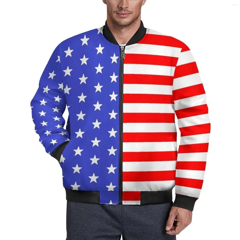 Vestes pour hommes Drapeau américain Hiver USA Étoiles et rayures Manteaux décontractés modernes Fermeture à glissière pour hommes Coupe-vent en vrac Design Veste de grande taille C84G