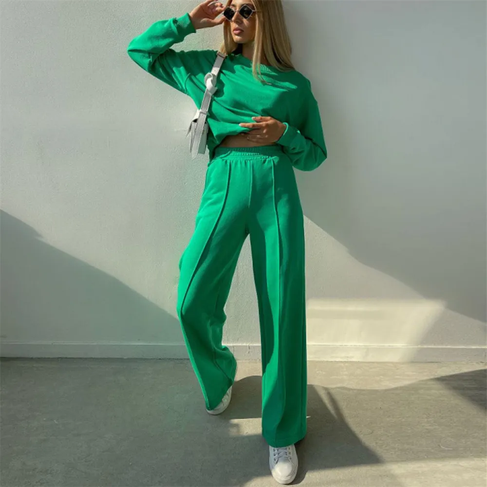 Women's Two Piece Pants Winter Tracksuit SweaterWide LegsPants Suit Oversized Casual Set Sports Sweatshirts Pullover Outfits y2k 230426