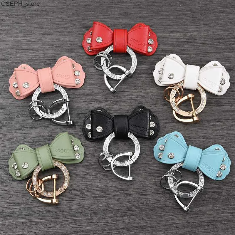 Anéis -chave Mulheres fofas Chave de couro Chave de luxo Design de luxo Bowknot pingente de cristal Crystal Key Ring Bag Car Syling Acessory Girlfriend Gift J230427