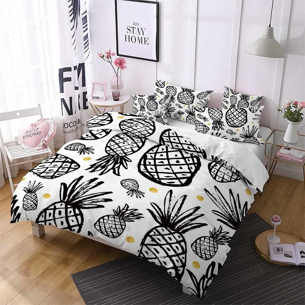 Juegos de cama Funda de cama con estampado de piña en blanco y negro Moda Cómoda Cubierta de edredón de plumón blanco Cubierta de ropa de cama de fruta de verano 230427