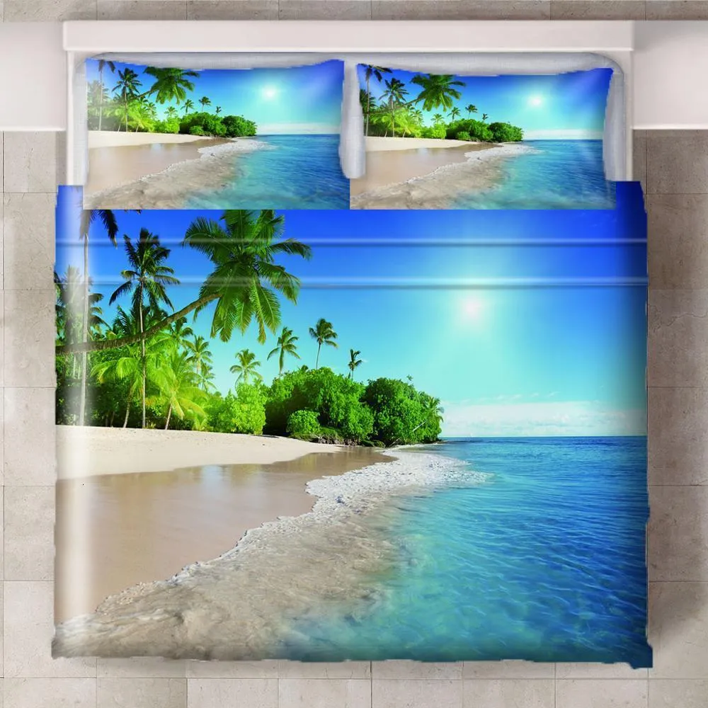 Bedding sets Summer Blue Beach Sea 3Pcs/Set Bedding Set Sheet Children Room Bed Sheet Pillow case Bedding Set 230427