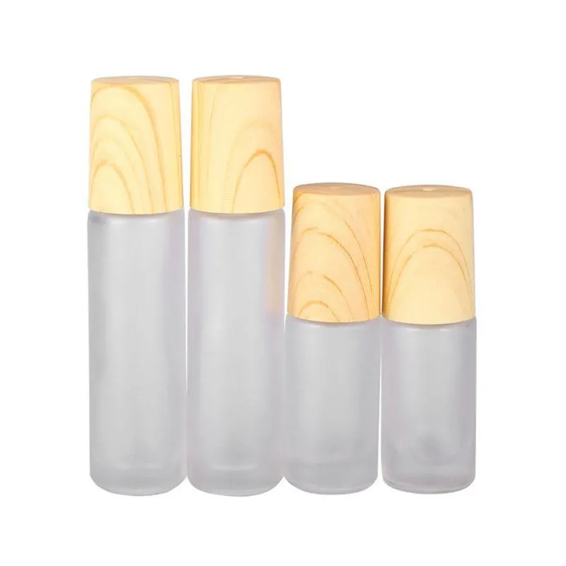 5 ml 10 ml rouleau sur bouteille bouteilles à rouleaux en verre transparent givré avec bouchon en plastique de grain de bois pour huile essentielle parfum cosmétique Qobdk