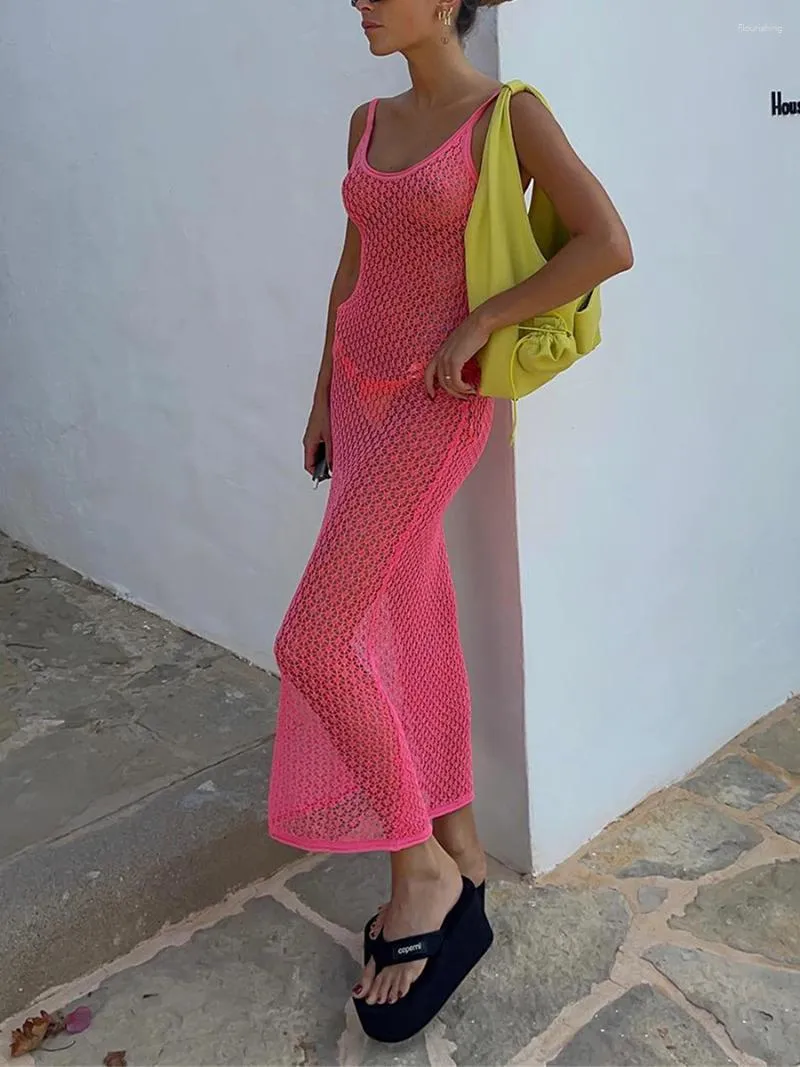 Damen-Bademode Louatui Damen-Sommerkleid, lang, tailliert, rosa, ärmellos, offener Rücken, gestrickt, transparente Partykleider