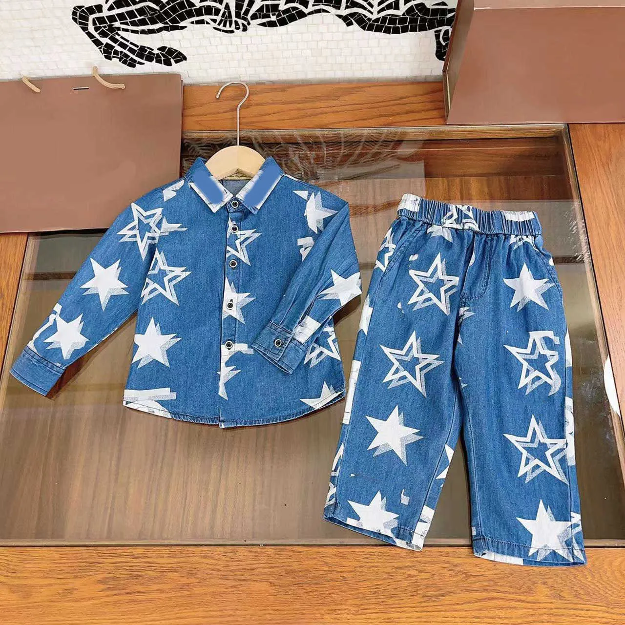 23ss barnset barn märkeskläder pojkar cowboyskjorta byxor kostym kavajslag långärmade skjortor tightness byxor Set Högkvalitativa babykläder