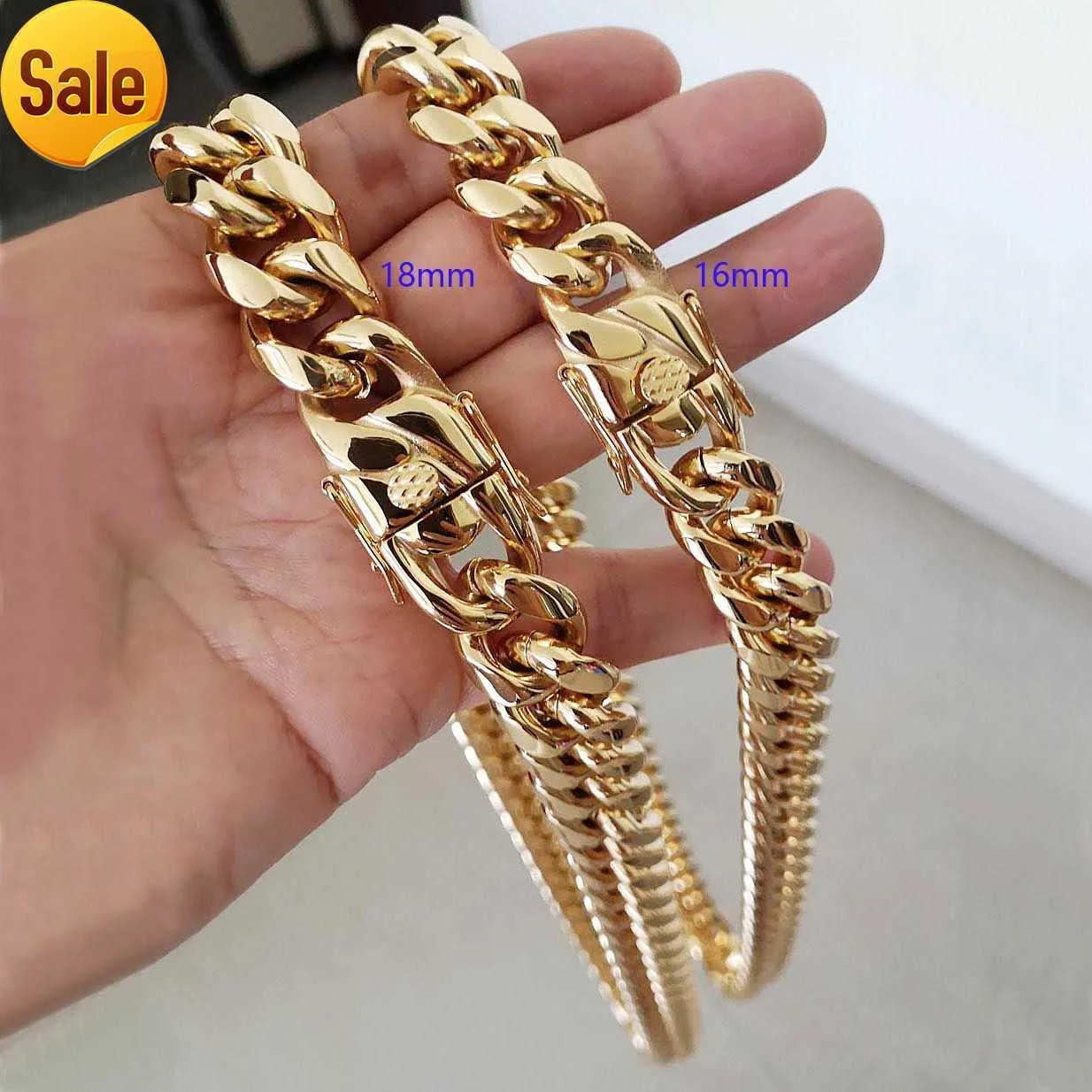 16MM 18MM Hip Hop Cuban Link Halsband Armband 18k guldpläterade S925 silver Choker Smycken Högpolerade gjutningskedjor Dubbla säkerhetsspännen