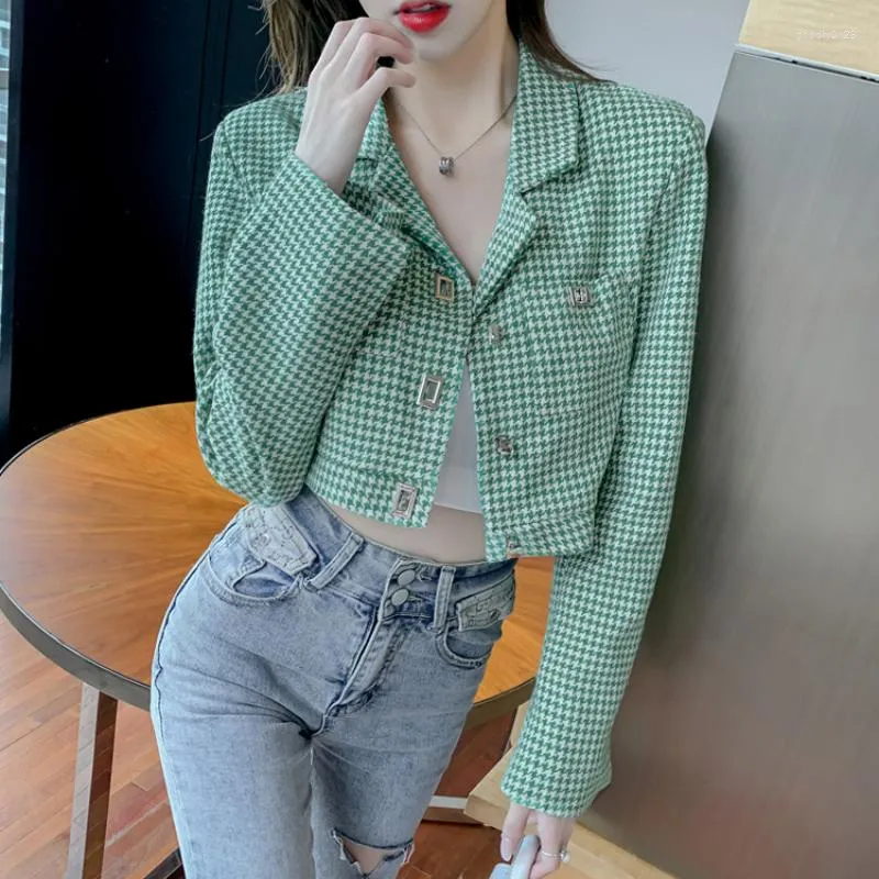 Women's Jackets Houndstooth Woolen Short Jacket Women Office Lady Turn Down Collar Blazer Coat Spring Autumn Vintage Plaid Korean Chic