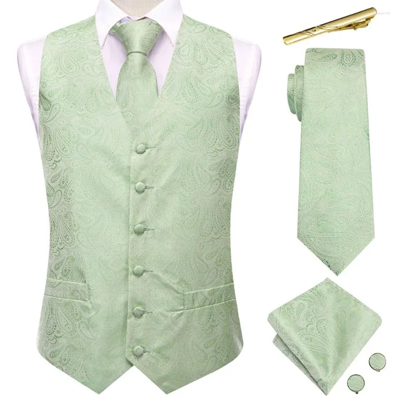 Mäns västar Hi-Tie Green Paisley Silk för män V-ringning Jacquard Waistcoat Jacket Nattie Hanky ​​Cufflinks Clips Wedding Business Designer