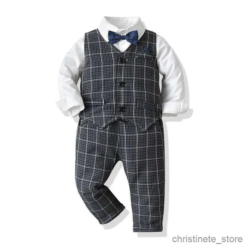 Kläder sätter vårens höst baby pojke gentleman kostym blå skjorta med slips+plaide väst+byxor formella barnkläder set bröllopsfest klänning r231127