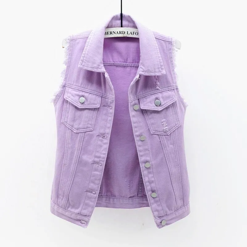 Gilets 2022 nouvelle mode violet court Denim gilet femmes automne décontracté simple boutonnage jean gilet grande taille mince sans manches vestes