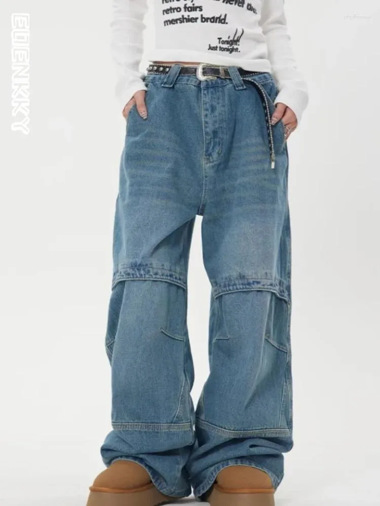 Kvinnors jeans y2k vintage last kvinnor hösten baggy streetwear denim byxor lapptäcke koreanska mode hippie blå bredben byxor kvinnlig